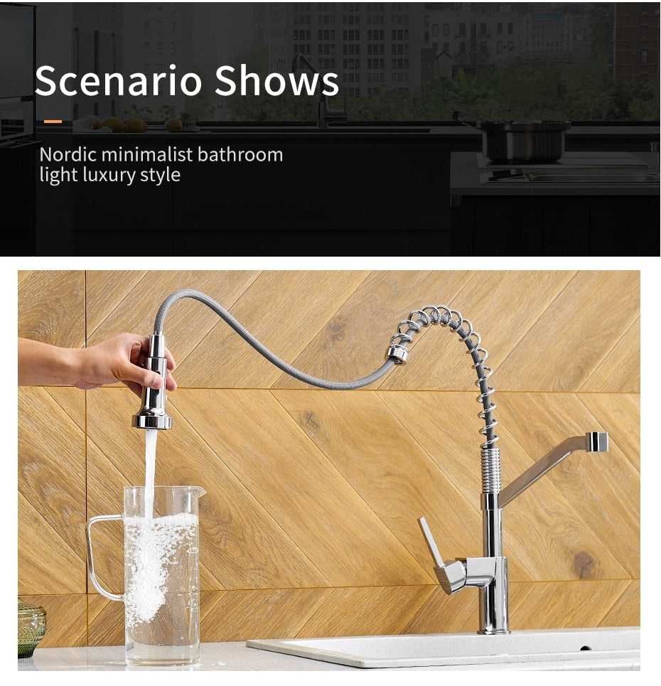 Modern polished chrome brass kitchen sink faucet with pull-out spray and single handle design, showcasing its sleek and contemporary style.