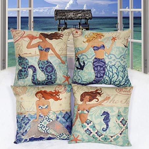 Set of four Moods Of A Mermaid Cushion Covers featuring vibrant mermaid motifs, perfect for home decor.