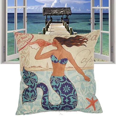 Set of four Moods Of A Mermaid Cushion Covers featuring vibrant mermaid motifs, perfect for home decor.