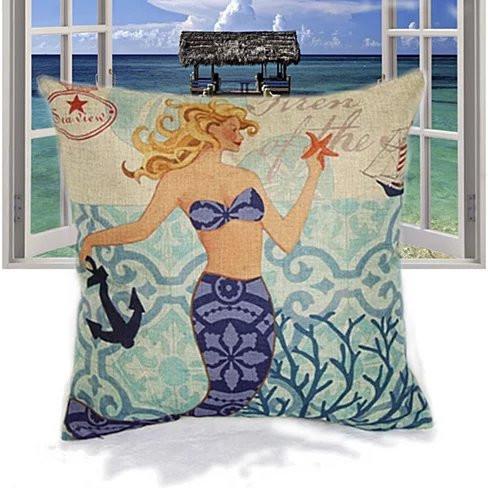 Set of four Moods Of A Mermaid Cushion Covers featuring vibrant mermaid motifs, perfect for home decor.
