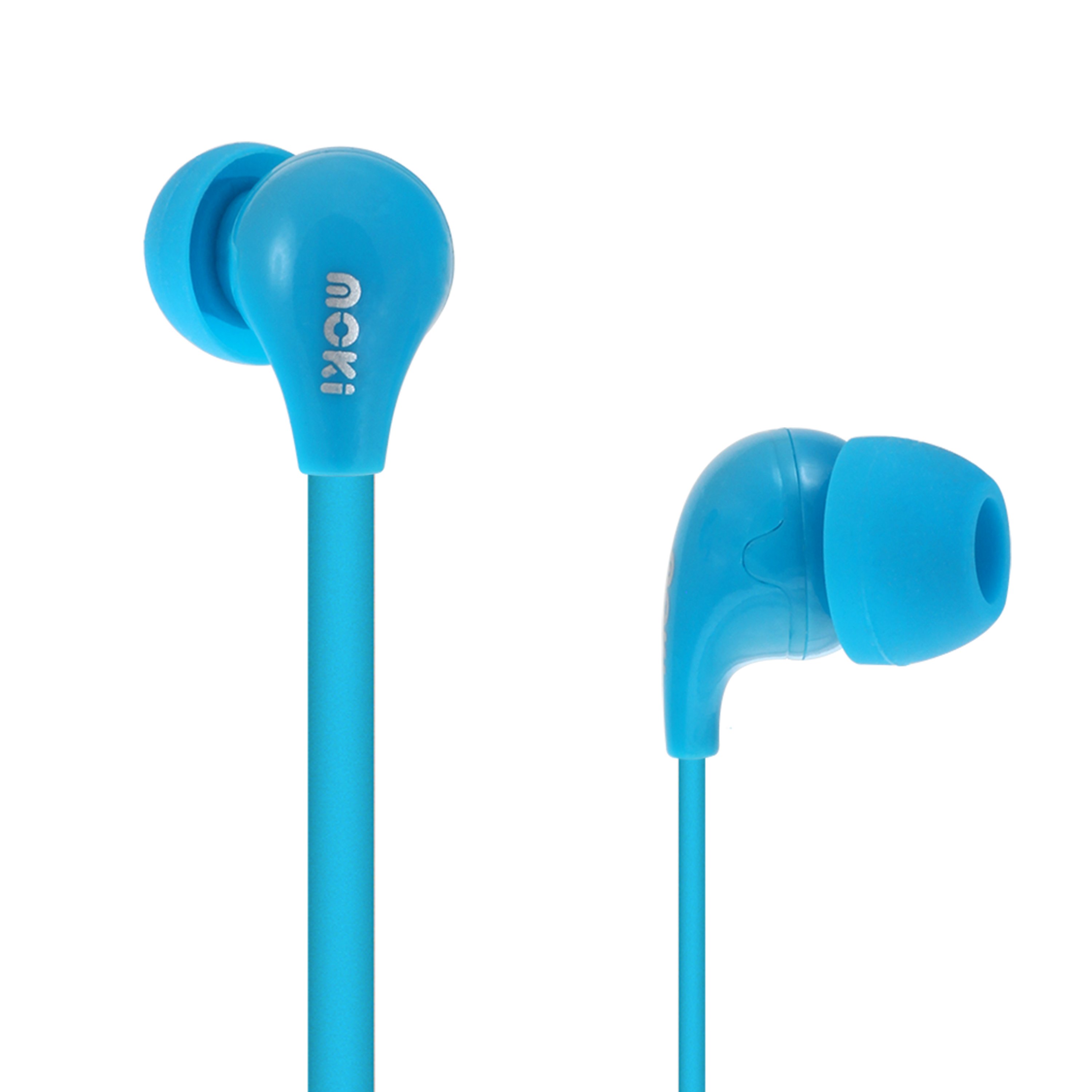 MOKI 45 Degree Comfort Buds in blue, showcasing ergonomic design and flat cable for tangle-free use.