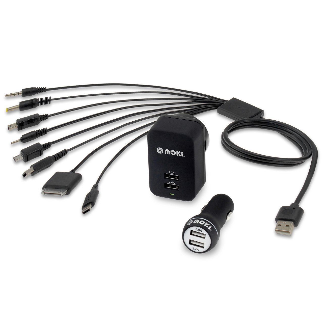 Moki 8 in 1 USB Rapid Multicharger Pack with various charging ports and connectors.