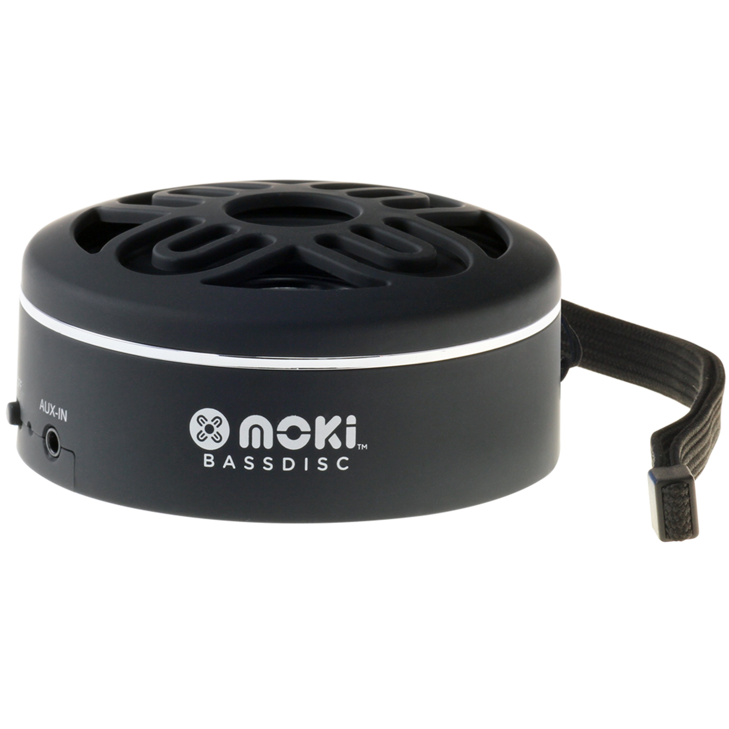 MOKI BassDisc - Black wireless Bluetooth pocket speaker with a compact design and wrist strap.