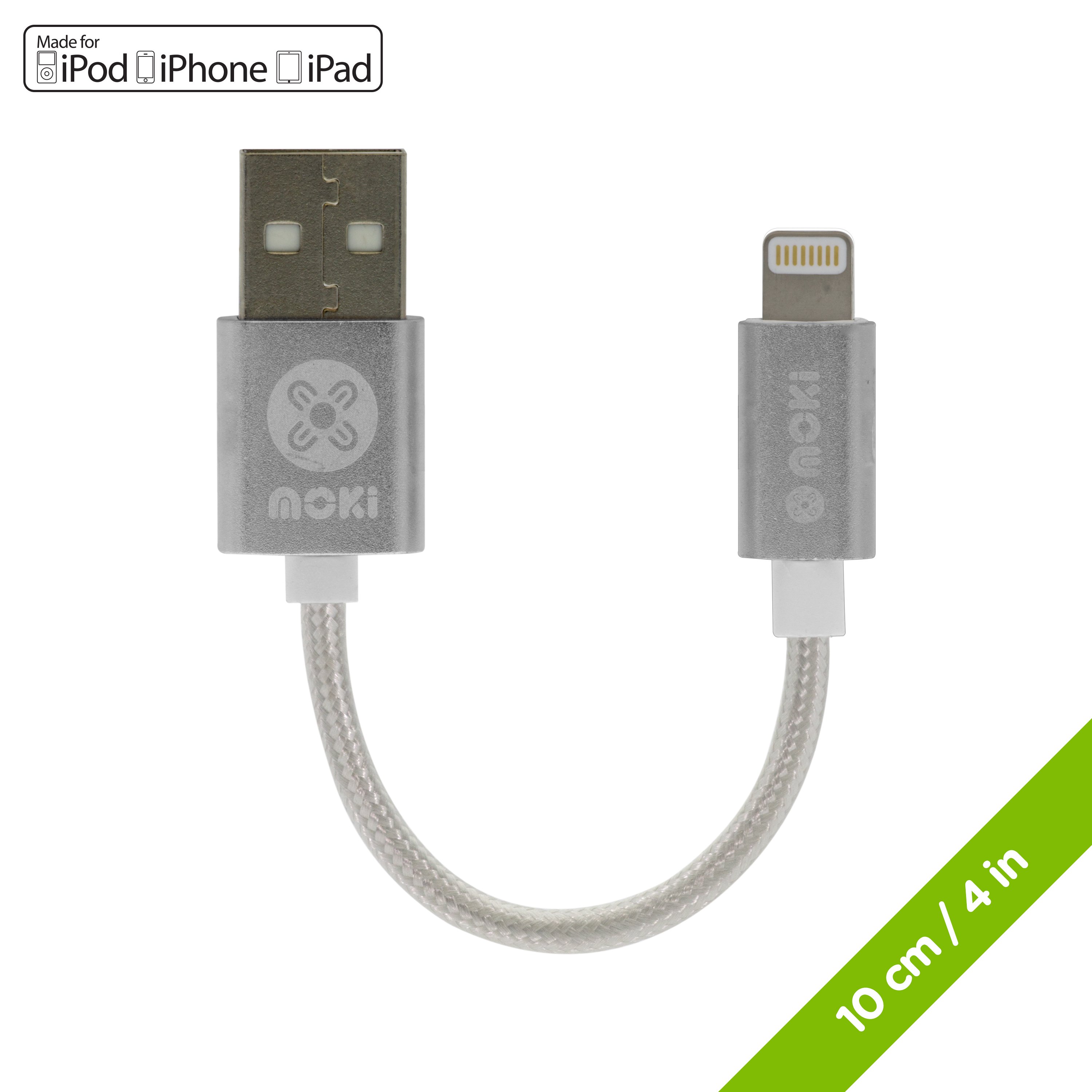 MOKI Braided Lightning SynCharge Cable in silver, 10cm long, designed for charging and syncing Lightning iDevices.