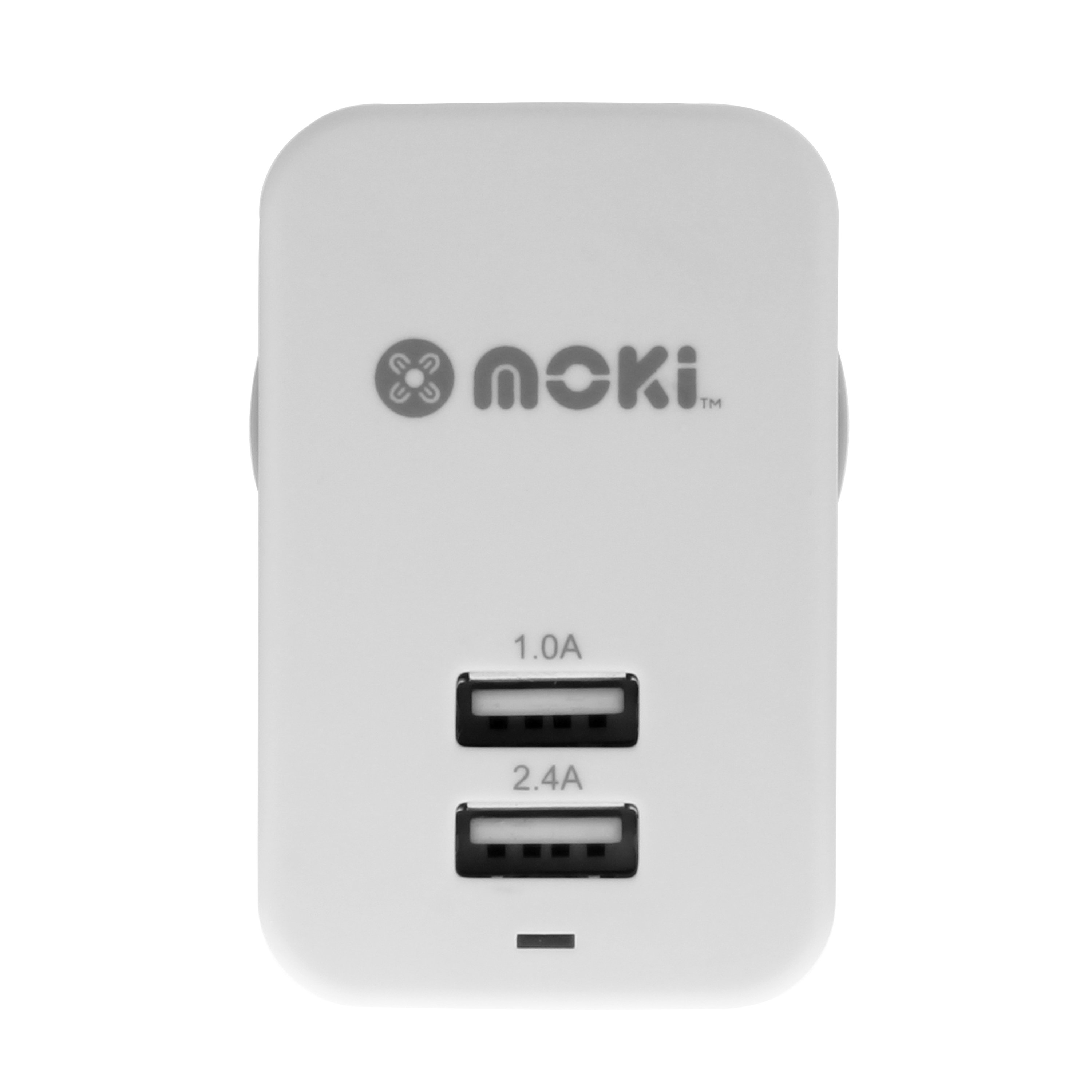 MOKI Dual USB Wall Charger in white, featuring two USB ports for simultaneous charging of devices.