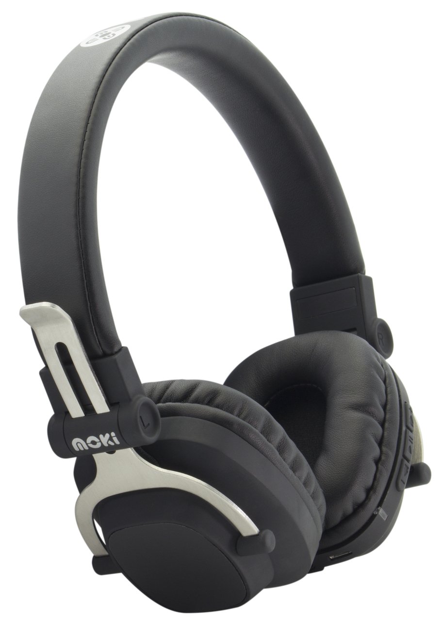 MOKI Exo Double Black Bluetooth Headphones with sleek design and control panel on ear cup.