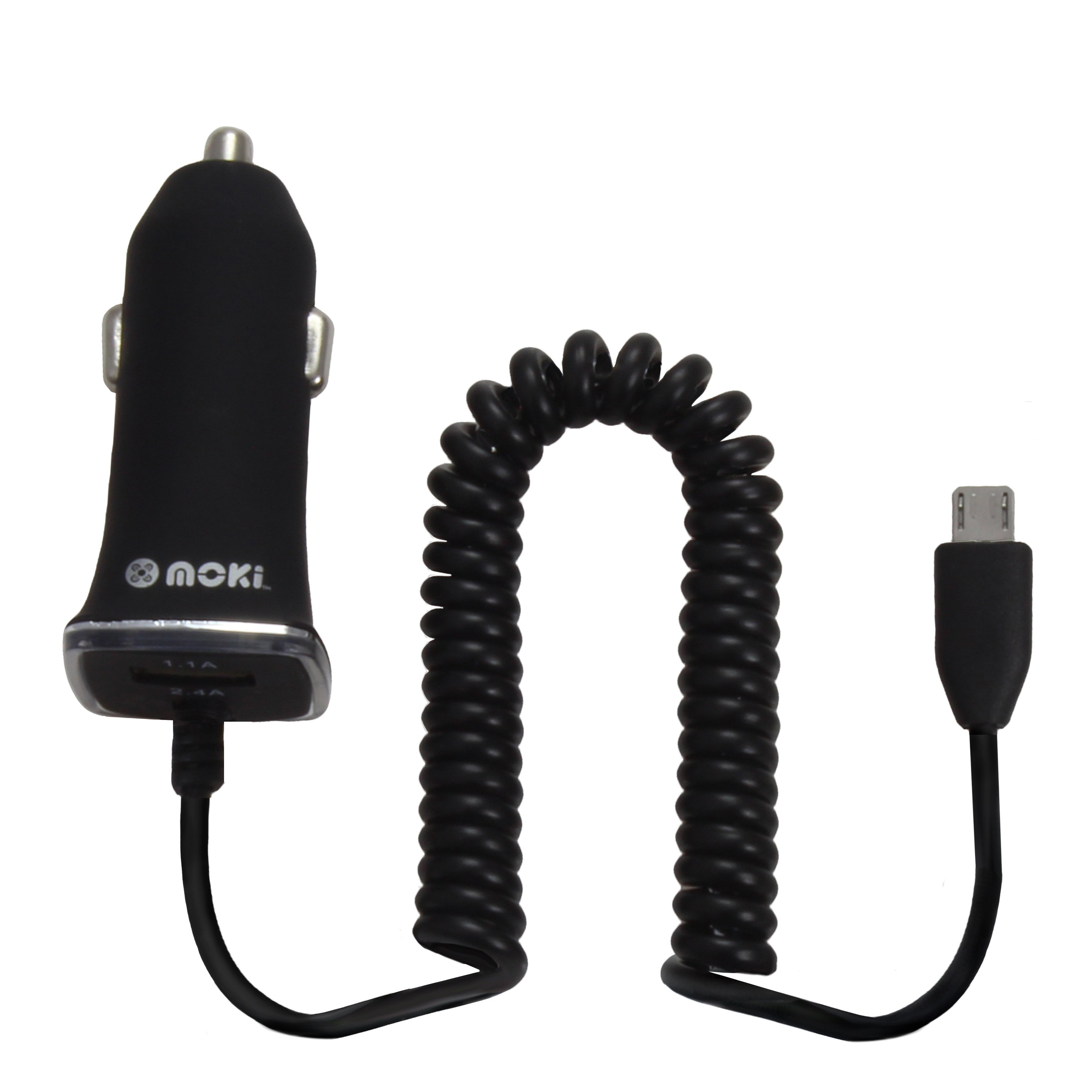 MOKI Fixed MicroUSB Cable Car Charger with a 2.4A fixed cable and additional USB input, designed for charging devices on the go.