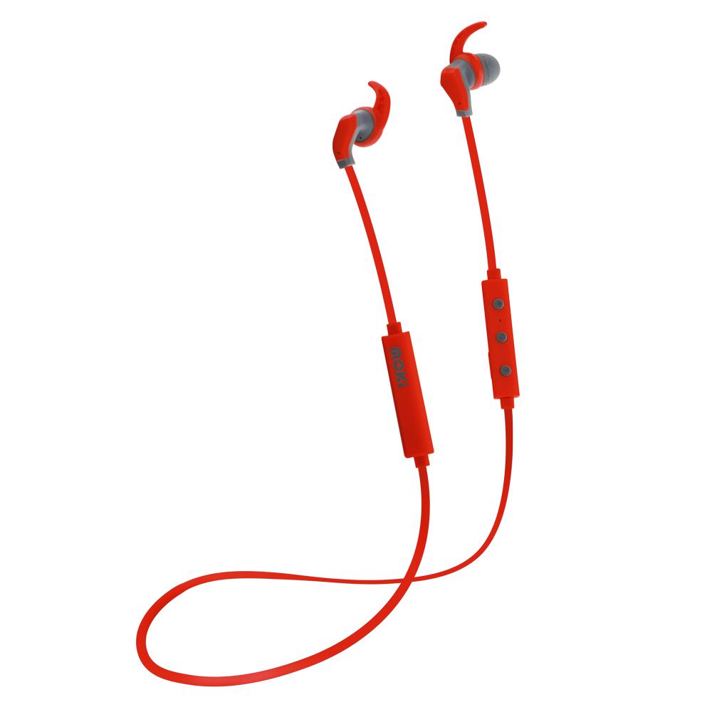 MOKI Hybrid Bluetooth Earphones in red, featuring a secure-fit design and silicone earbuds for comfort.