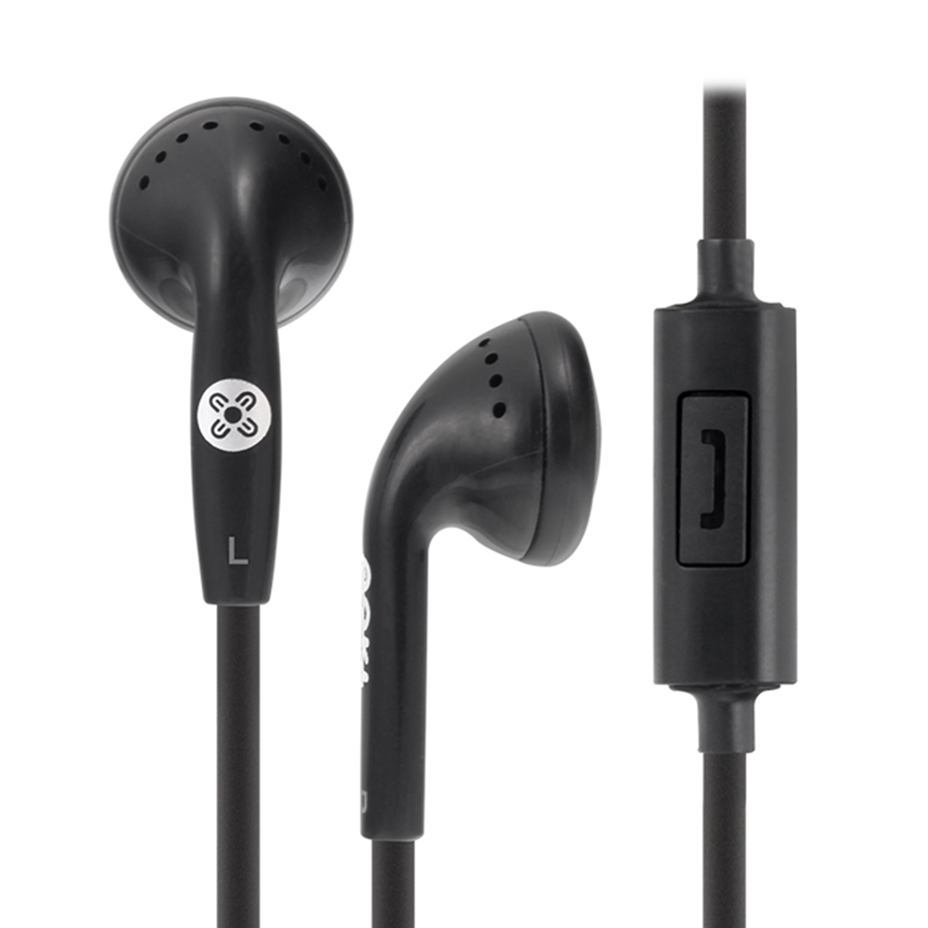 MOKI In-Ear Earphones in black with in-line mic and control, showcasing their ergonomic design and lightweight build.