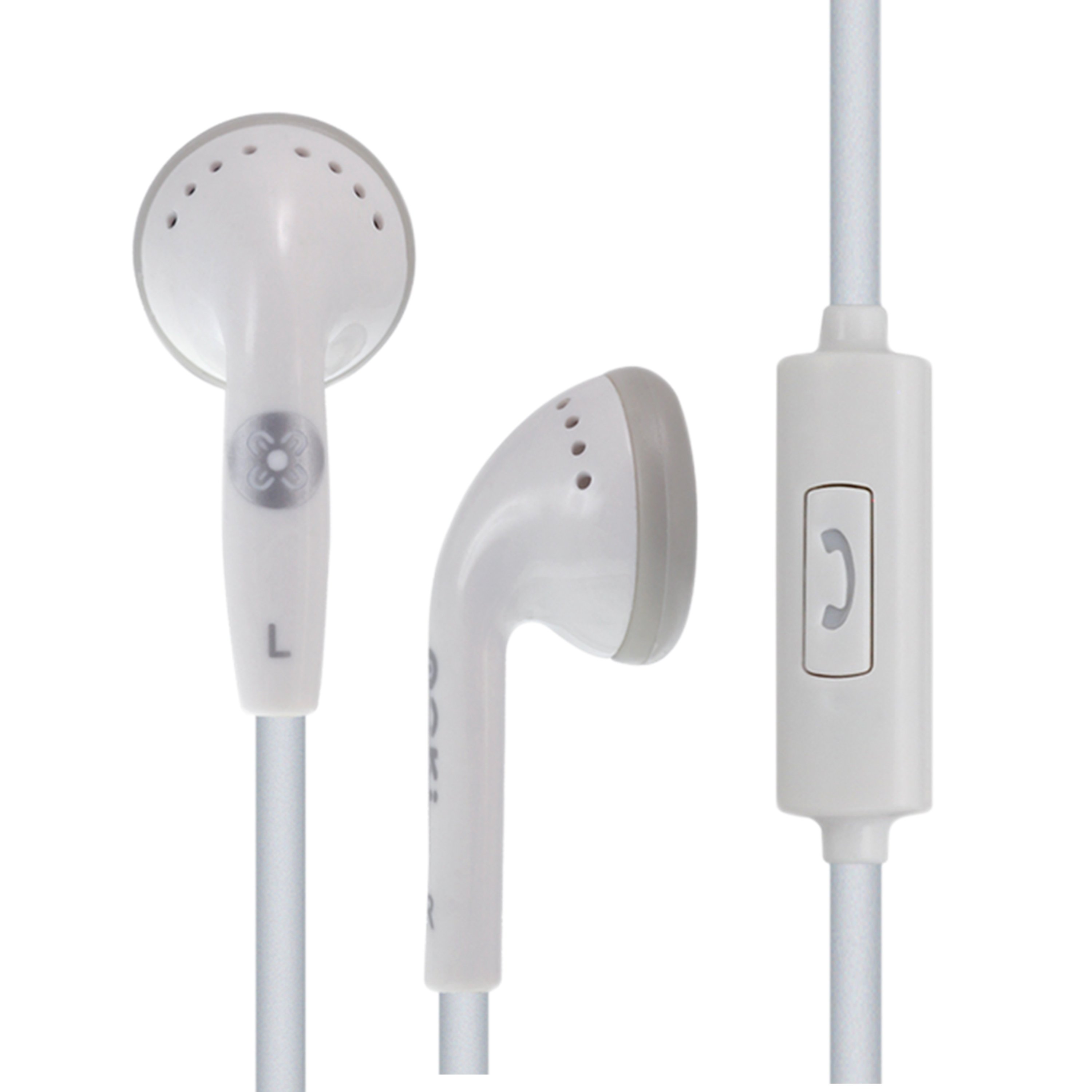 MOKI In-Ear Earphones in white with in-line mic and control, showcasing their ergonomic design and lightweight build.