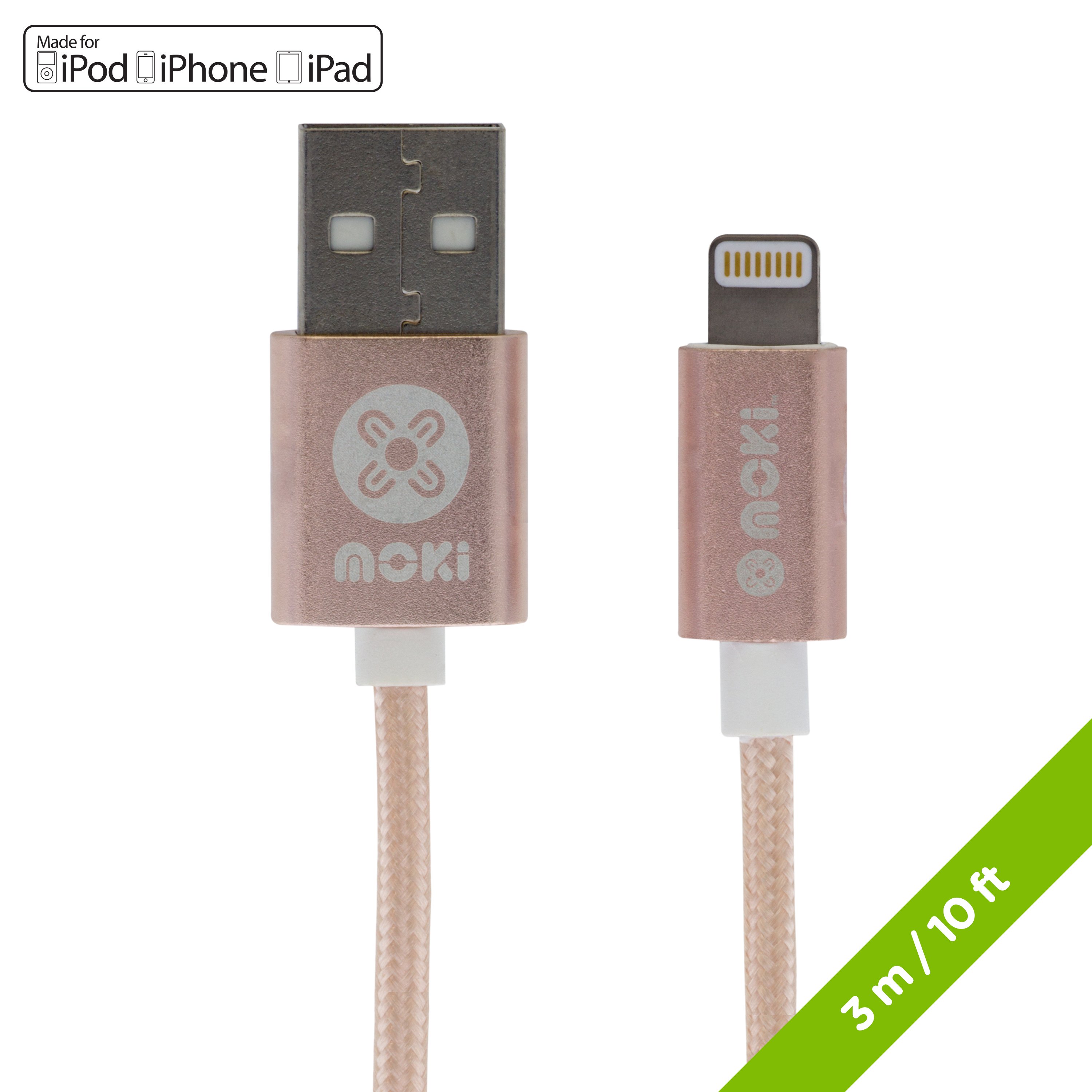 MOKI King Size Braided Lightning Sycharge Cable in rose gold, 3m long, designed for charging and syncing Lightning iDevices.