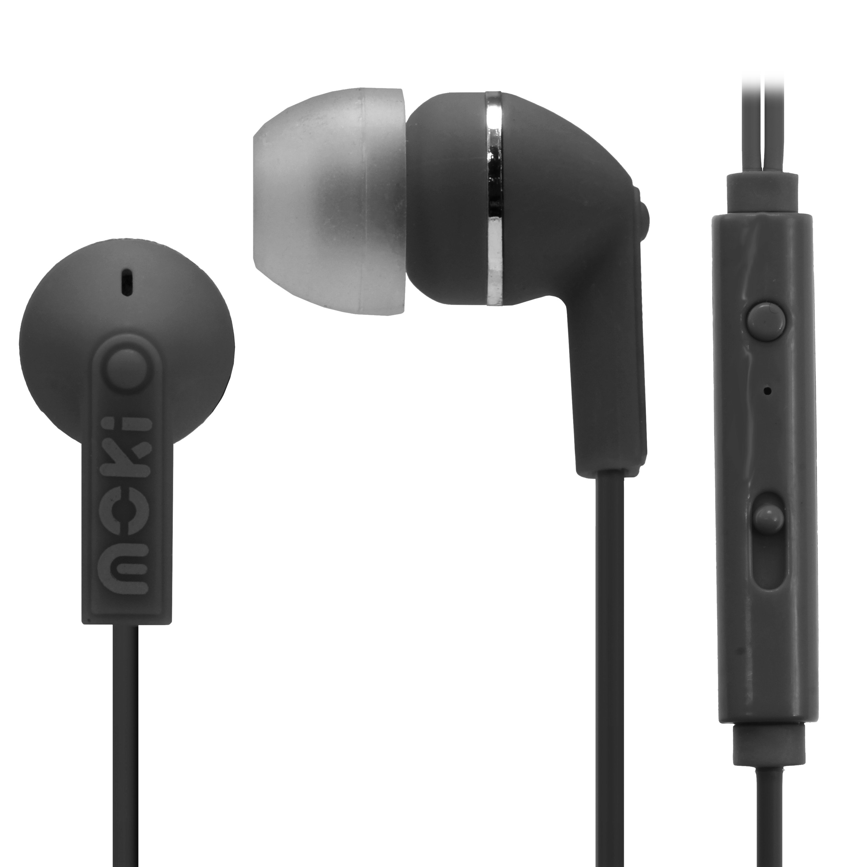 MOKI Noise Isolation Earbuds in black with microphone and control, featuring soft silicone tips for comfort and noise isolation.