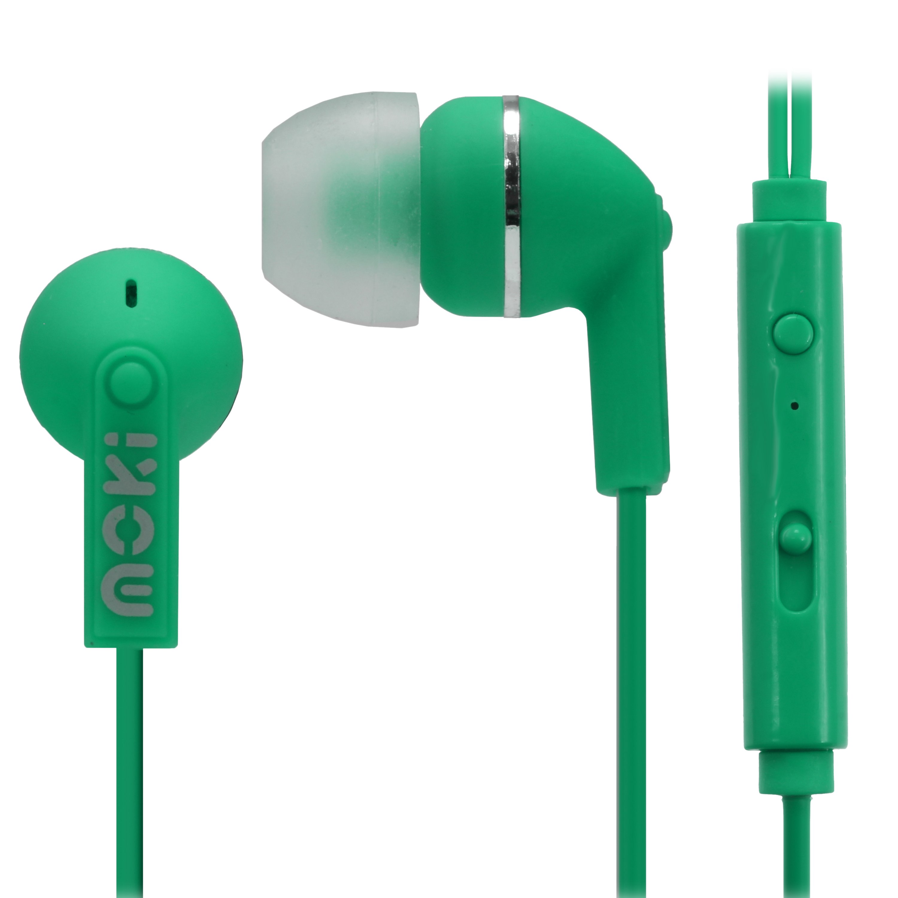 MOKI Noise Isolation Earbuds in green with microphone and control, showcasing ergonomic design and silicone ear tips.