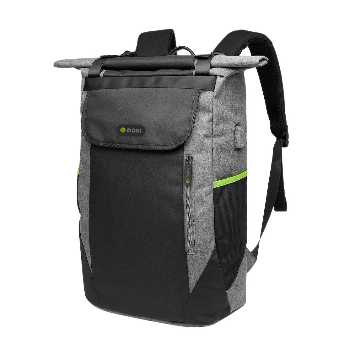 MOKI Odyssey Roll-up Backpack in black, featuring a roll-top design, USB port, and multiple compartments for organization.