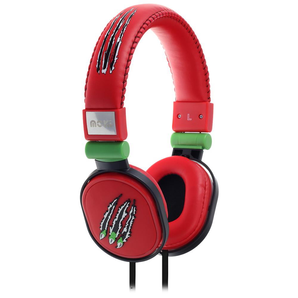Moki Popper Claw Red DJ style headphones with soft cushioned ear cups and flat cable.