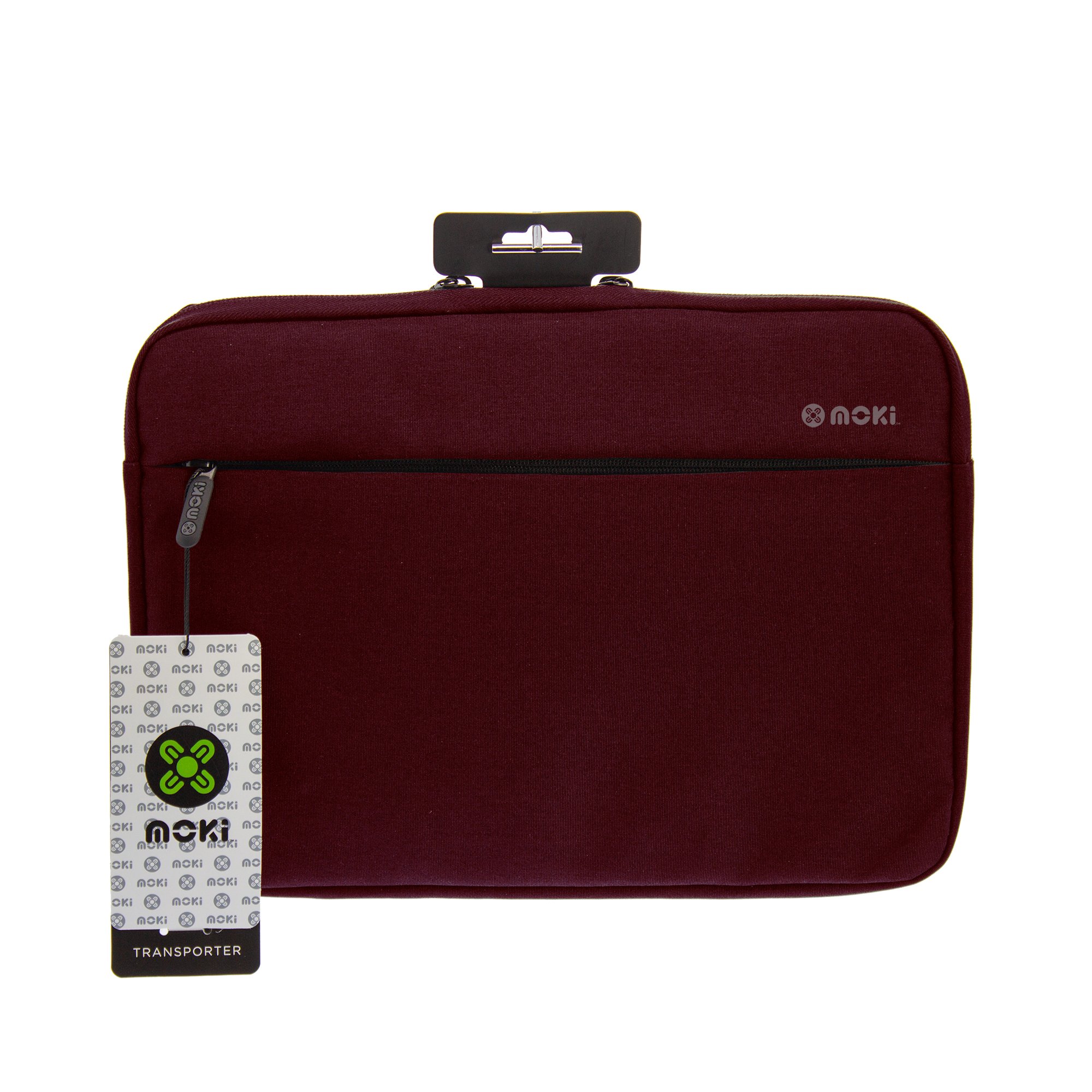 MOKI Transporter Sleeve in Burgundy, designed for 13.3" laptops, featuring zippered pockets and a sleek design.