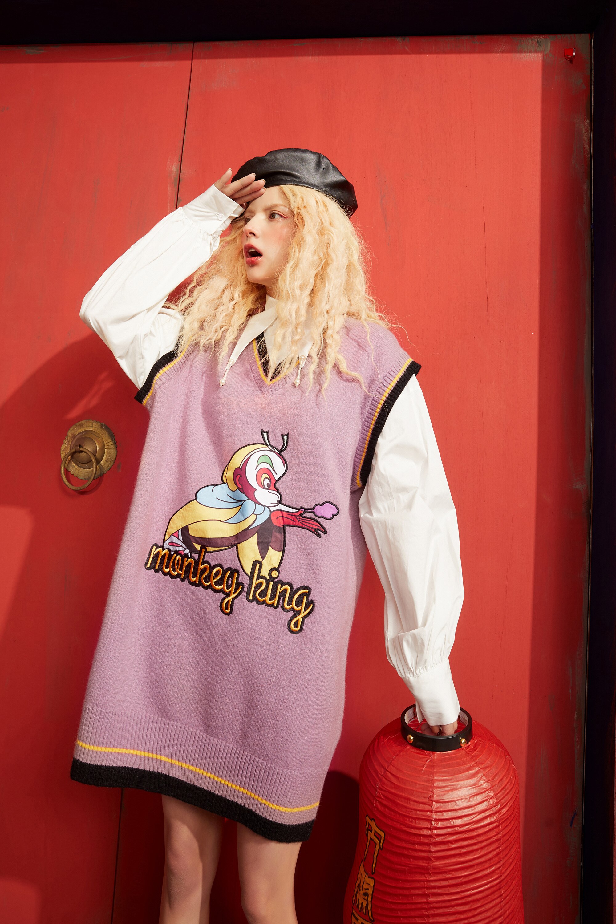 A stylish Monkey King Print Casual 2-IN-1 Dress for women featuring vintage lantern sleeves and a knee-length design in purple.