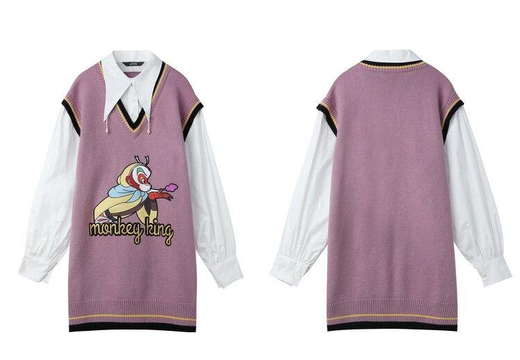 A stylish Monkey King Print Casual 2-IN-1 Dress for women featuring vintage lantern sleeves and a knee-length design in purple.