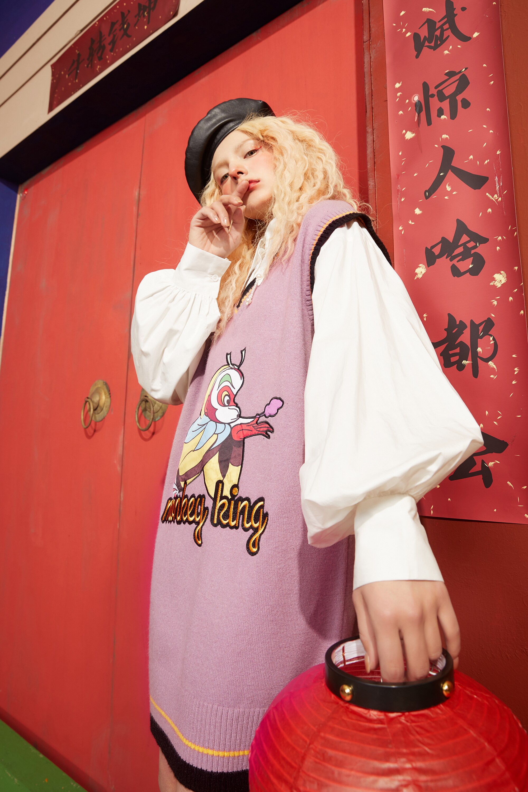 A stylish Monkey King Print Casual 2-IN-1 Dress for women featuring vintage lantern sleeves and a knee-length design in purple.