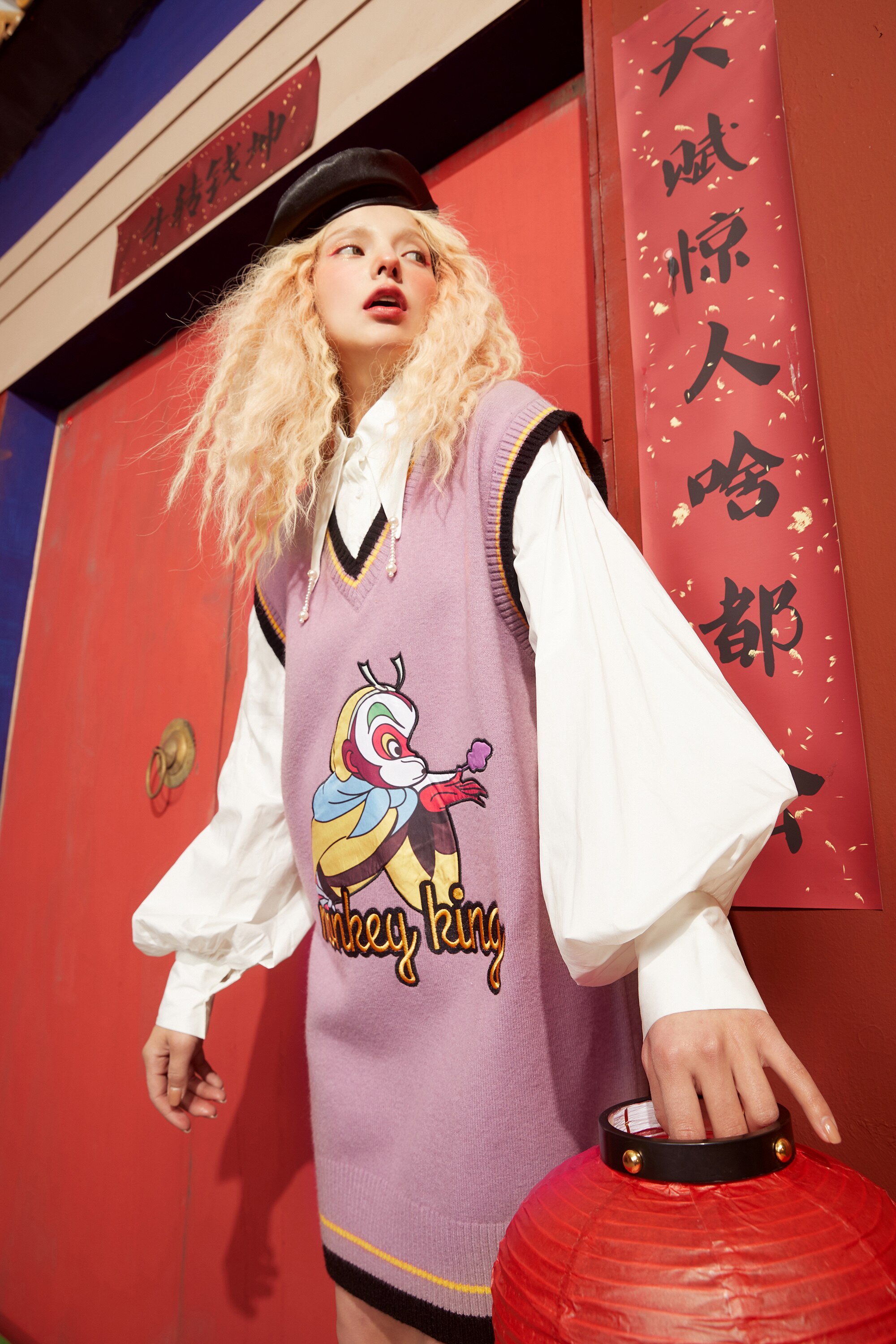 A stylish Monkey King Print Casual 2-IN-1 Dress for women featuring vintage lantern sleeves and a knee-length design in purple.