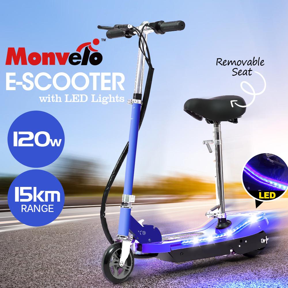Monvelo Folding Electric Scooter in blue color with LED lights, showcasing its sleek design and anti-skid tyres.