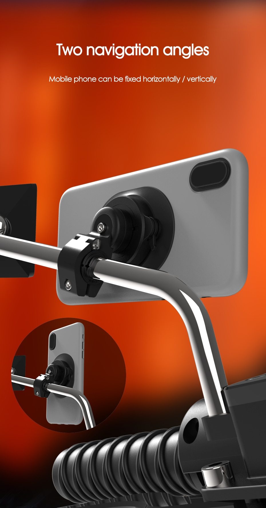 Motorcycle Electric Vehicle Phone Navigation Holder mounted on a rearview mirror, securely holding a smartphone.