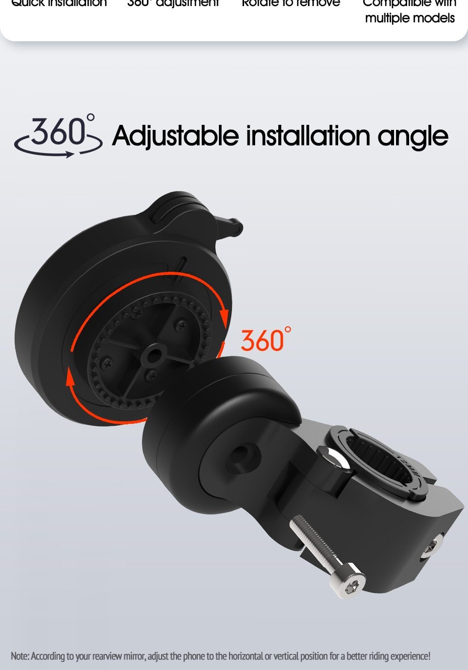 Motorcycle Electric Vehicle Phone Navigation Holder mounted on a rearview mirror, securely holding a smartphone.