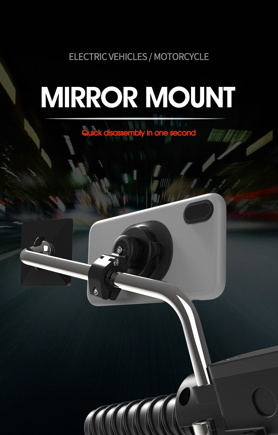 Motorcycle Electric Vehicle Phone Navigation Holder mounted on a rearview mirror, securely holding a smartphone.
