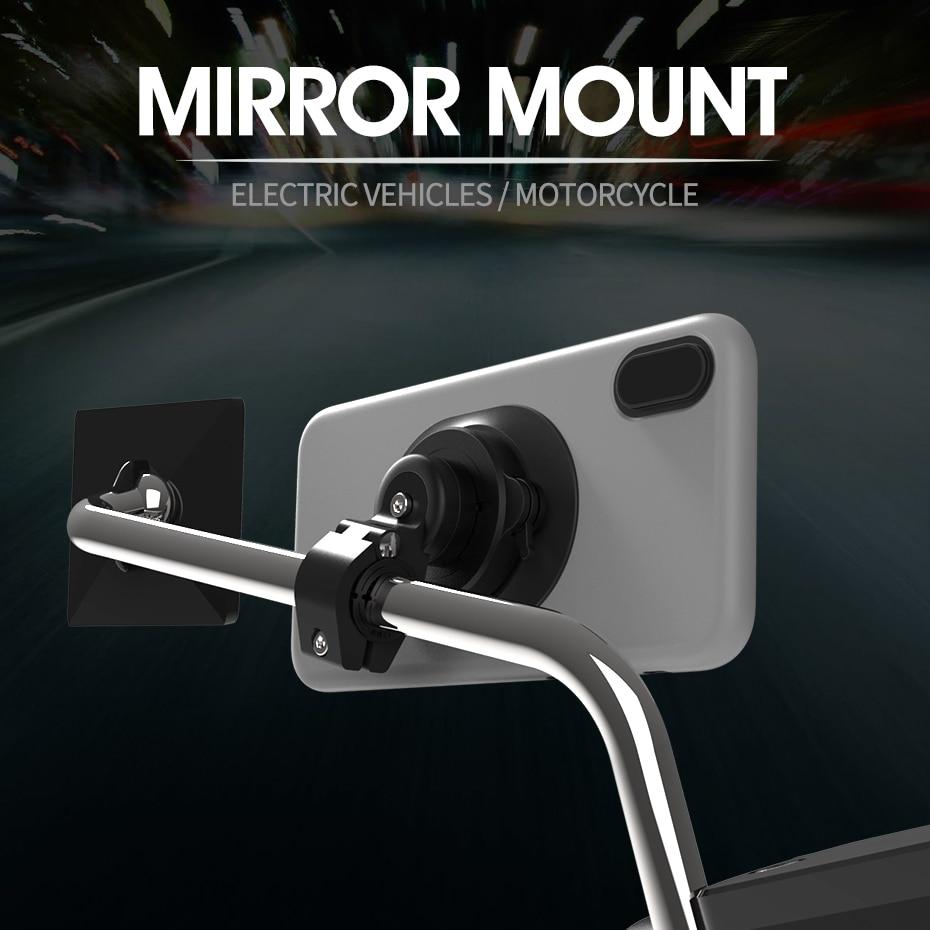 Motorcycle Electric Vehicle Phone Navigation Holder mounted on a rearview mirror, securely holding a smartphone.