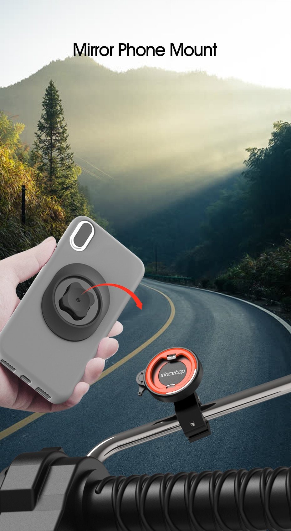 Motorcycle Electric Vehicle Phone Navigation Holder mounted on a rearview mirror, securely holding a smartphone.