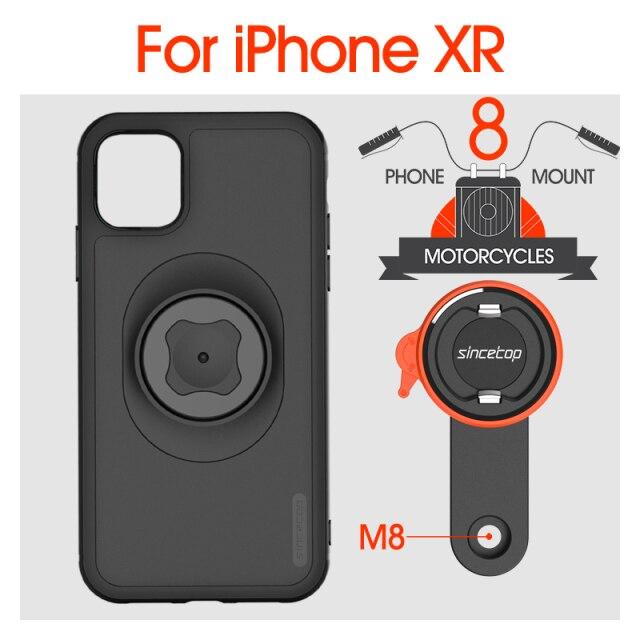 Motorcycle phone holder designed for iPhone 11 Pro, featuring a shockproof case and universal mount for secure attachment to bike handlebars.
