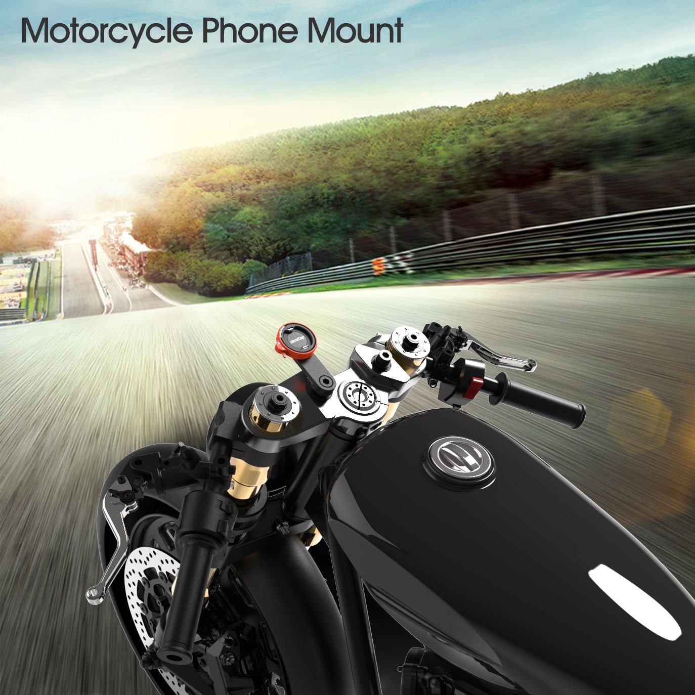 Motorcycle phone holder designed for iPhone 11 Pro, featuring a shockproof case and universal mount for secure attachment to bike handlebars.