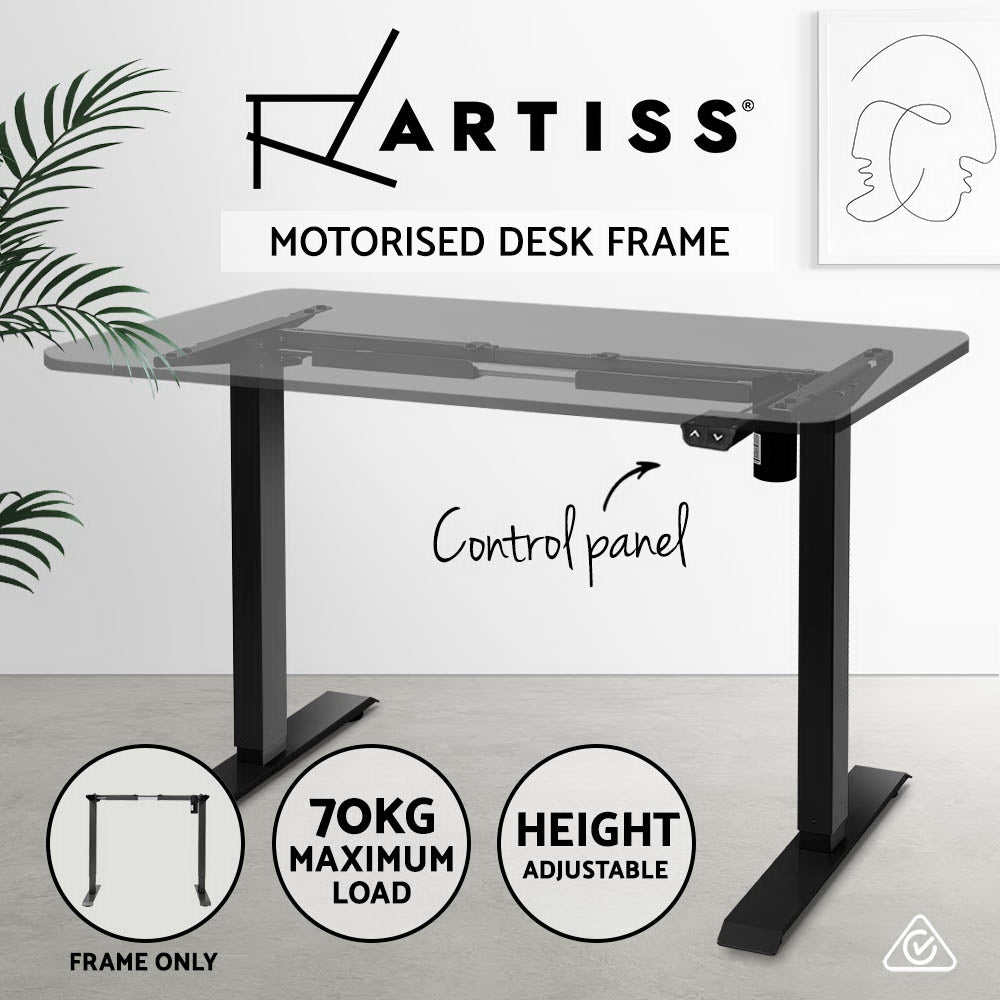 Motorised Adjustable Desk Frame in black, showcasing its sleek design and adjustable features for ergonomic workspace solutions.