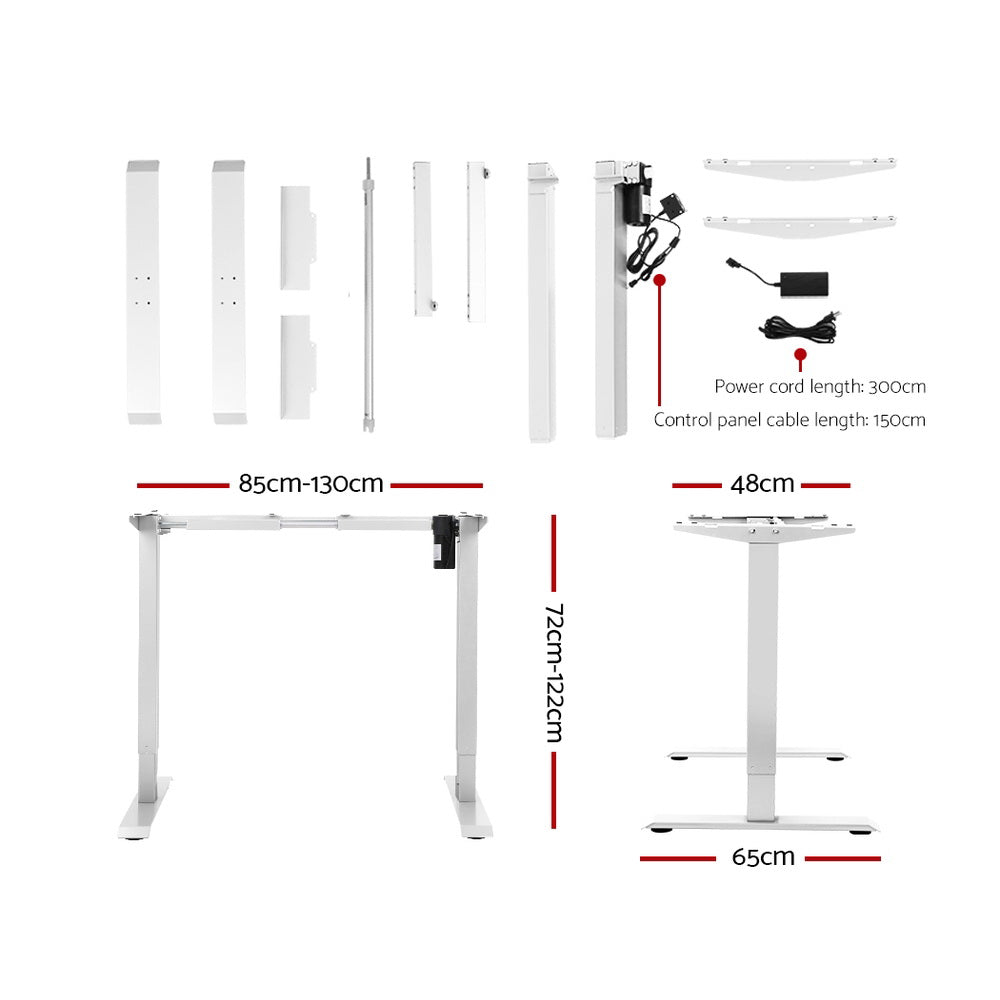 Motorised Adjustable Desk Frame in white, showcasing its sleek design and adjustable features for ergonomic workspace solutions.