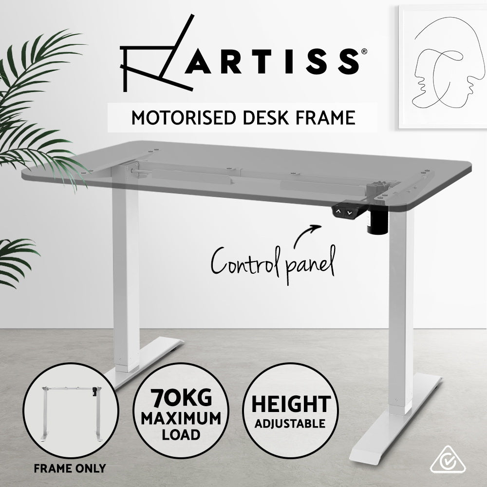 Motorised Adjustable Desk Frame in white, showcasing its sleek design and adjustable features for ergonomic workspace solutions.