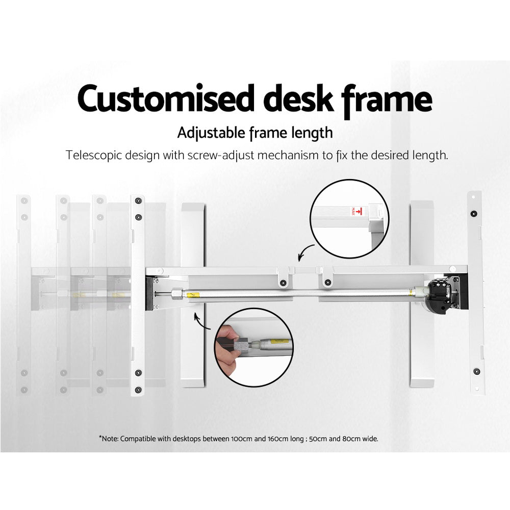 Motorised Adjustable Desk Frame in white, showcasing its sleek design and adjustable features for ergonomic workspace solutions.