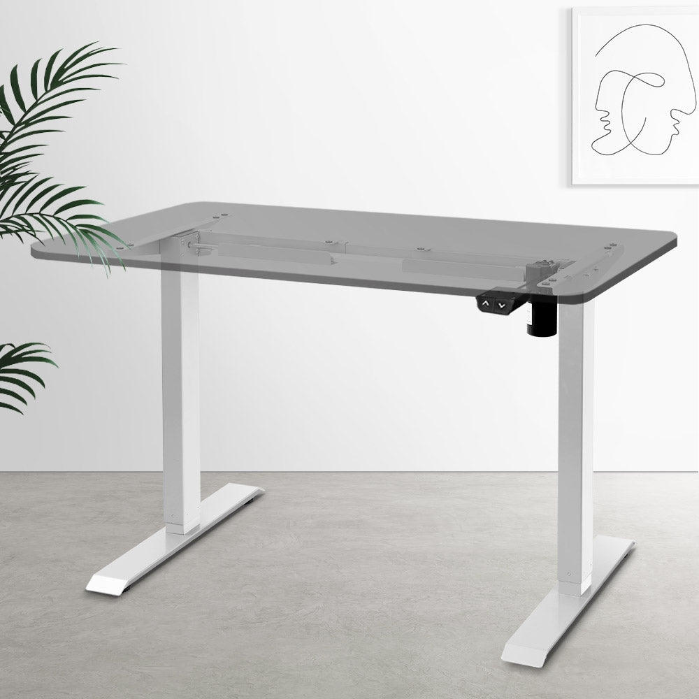 Motorised Adjustable Desk Frame in white, showcasing its sleek design and adjustable features for ergonomic workspace solutions.