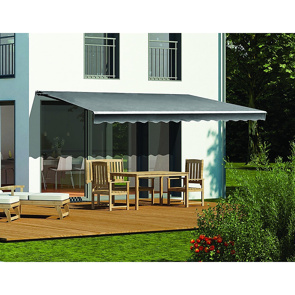 Motorised Outdoor Folding Arm Awning in grey, showcasing its retractable design and scalloped trim, perfect for patios and balconies.