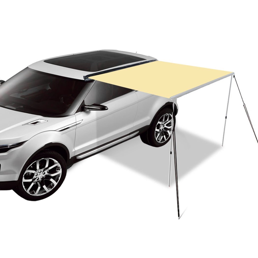 Mountview 2.5x3M Car Side Awning set up beside a vehicle, showcasing its waterproof 420D canvas and adjustable height features.