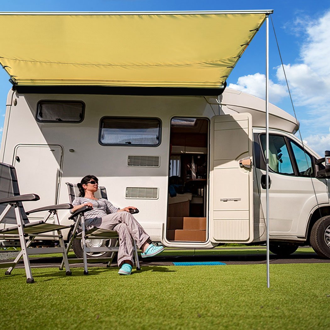 Mountview 2.5x3M Car Side Awning set up beside a vehicle, showcasing its waterproof 420D canvas and adjustable height features.