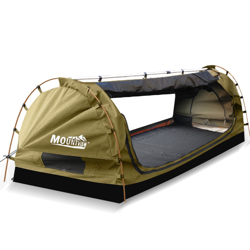 Mountview Double Swag Camping Swag in khaki color, showcasing its durable canvas material and spacious design for outdoor camping.