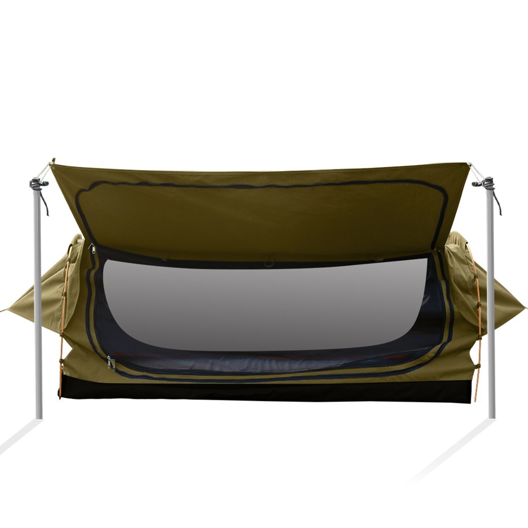 Mountview Double Swag Camping Swag in khaki color, showcasing its durable canvas material and spacious design for outdoor camping.