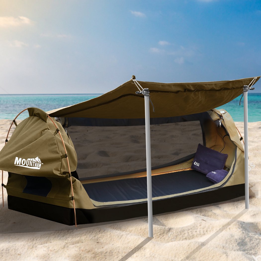 Mountview Double Swag Camping Swag in khaki color, showcasing its durable canvas material and spacious design for outdoor camping.