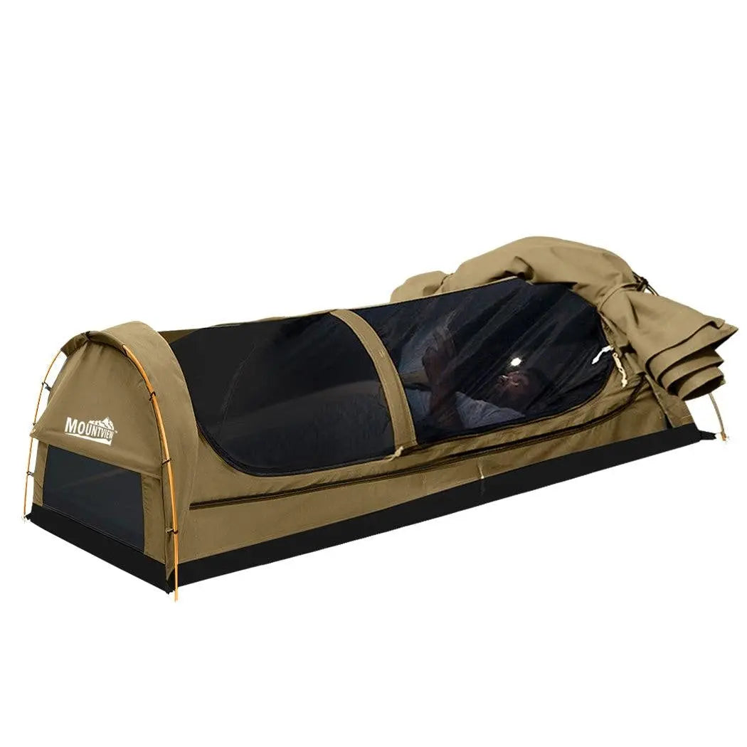 Mountview Double Swag Camping Swag in khaki color, showcasing its durable canvas material and spacious design for outdoor camping.