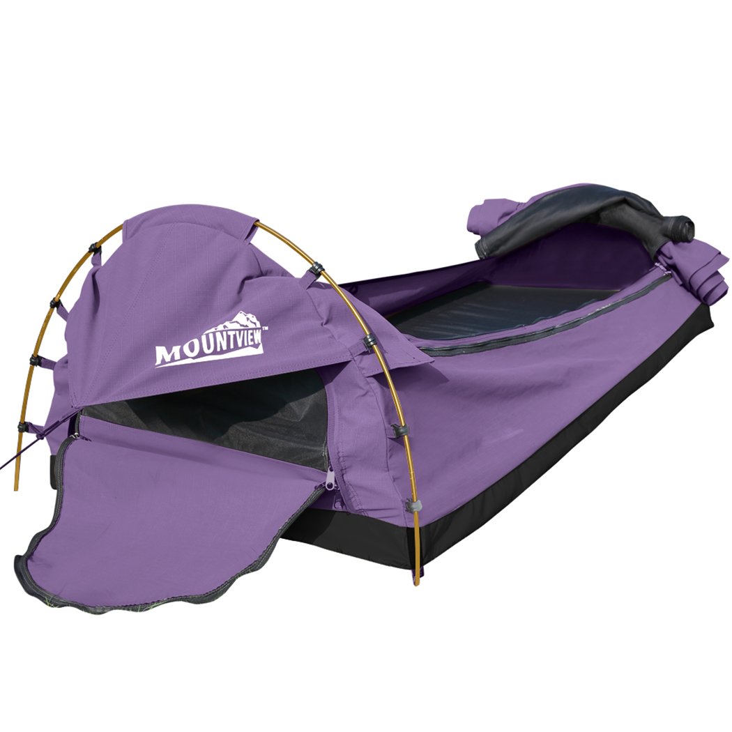 Mountview Double Swag Camping Swag in purple, featuring a durable canvas cover, high-density foam mattress, and aluminium support poles, ideal for outdoor adventures.