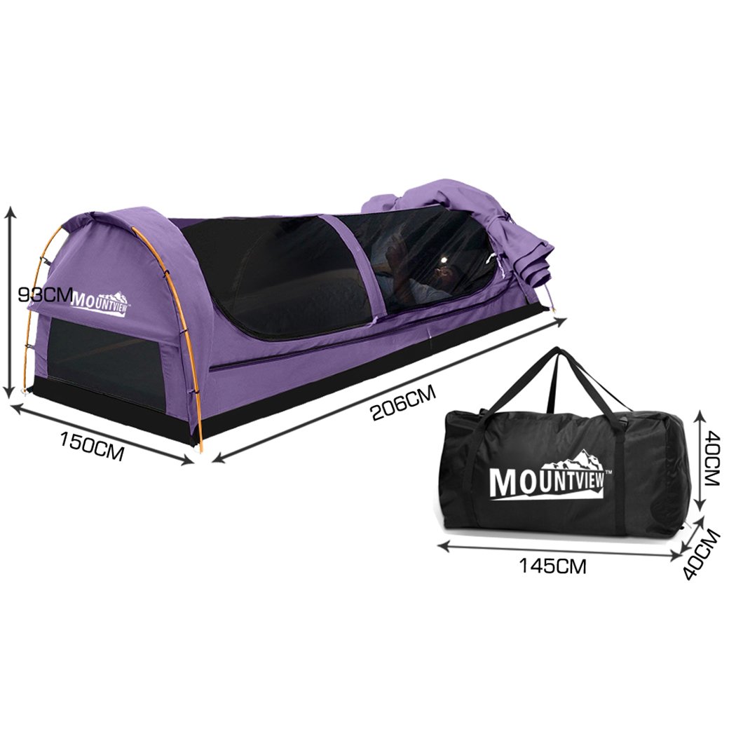 Mountview Double Swag Camping Swag in purple, featuring a durable canvas cover, high-density foam mattress, and aluminium support poles, ideal for outdoor adventures.