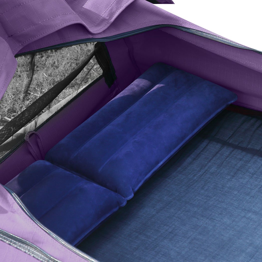 Mountview Double Swag Camping Swag in purple, featuring a durable canvas cover, high-density foam mattress, and aluminium support poles, ideal for outdoor adventures.