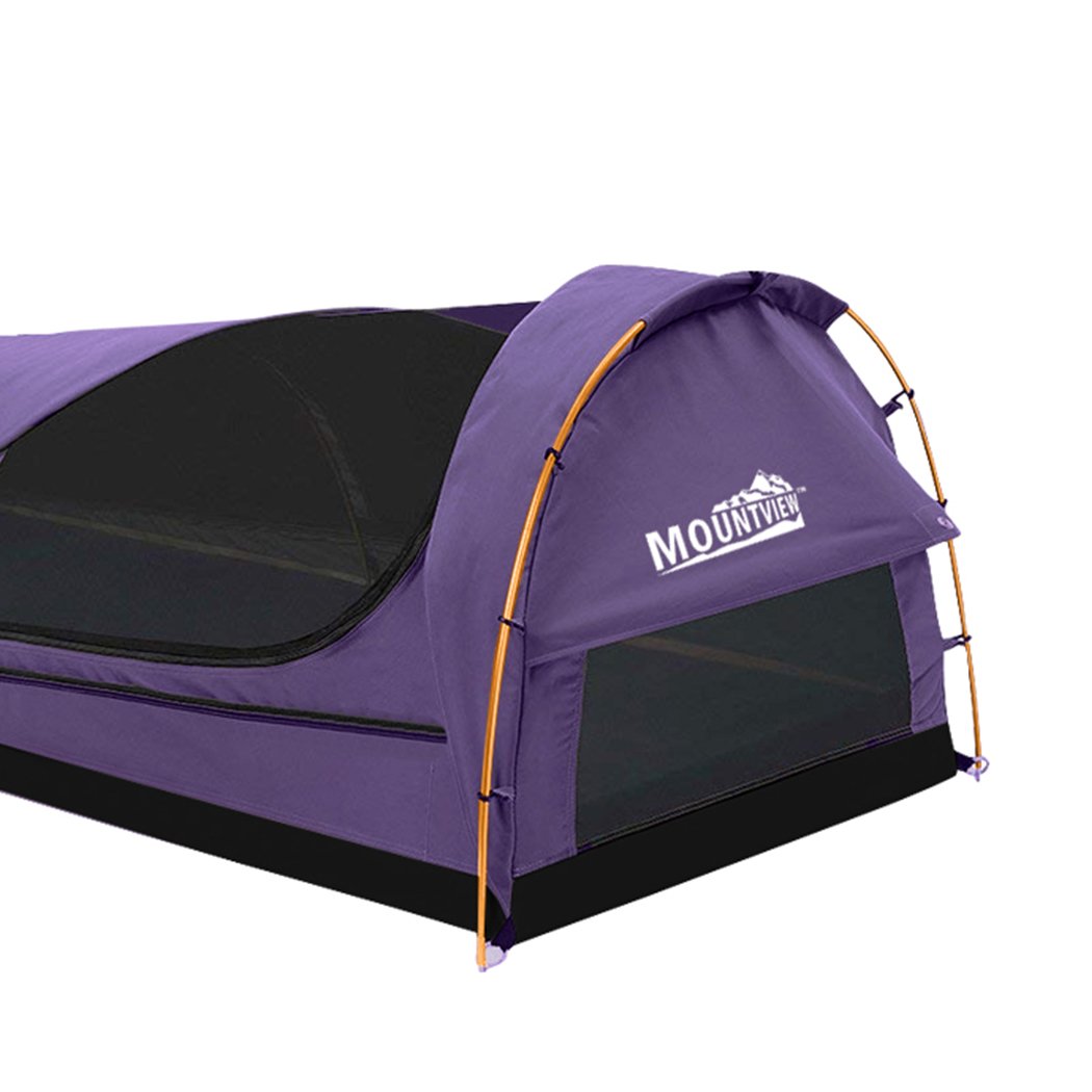 Mountview Double Swag Camping Swag in purple, featuring a durable canvas cover, high-density foam mattress, and aluminium support poles, ideal for outdoor adventures.