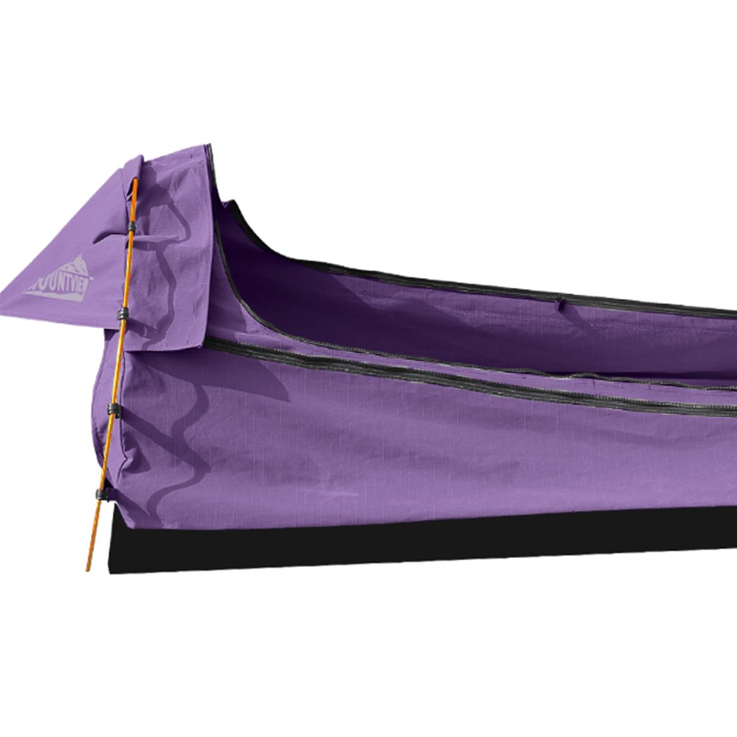 Mountview Double Swag Camping Swag in purple, featuring a durable canvas cover, high-density foam mattress, and aluminium support poles, ideal for outdoor adventures.