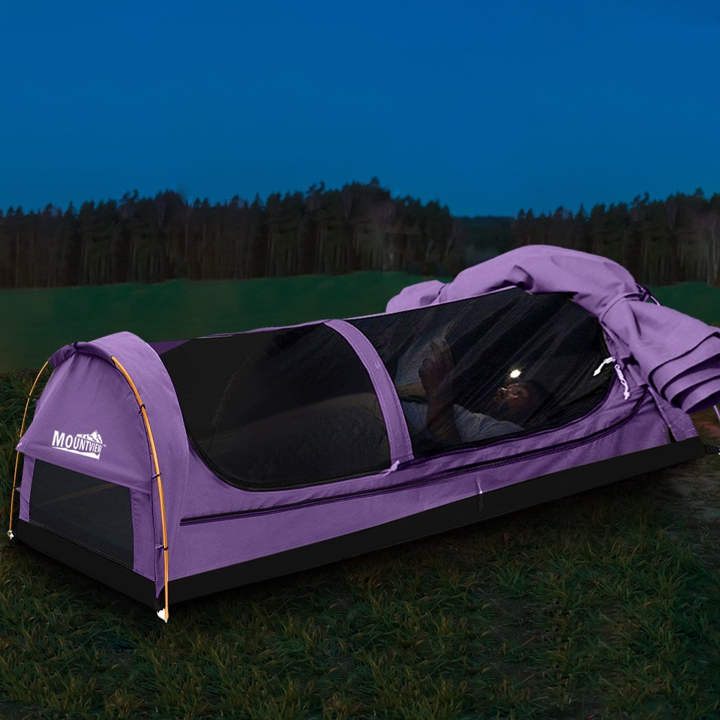 Mountview Double Swag Camping Swag in purple, featuring a durable canvas cover, high-density foam mattress, and aluminium support poles, ideal for outdoor adventures.